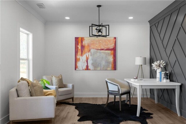 office area featuring visible vents, recessed lighting, baseboards, and wood finished floors