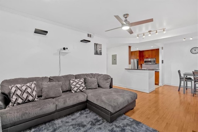 living room featuring crown molding, light hardwood / wood-style flooring, electric panel, and ceiling fan