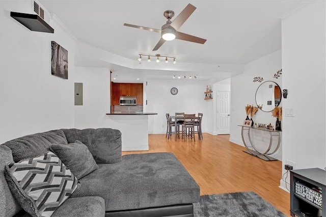 living room featuring electric panel, ceiling fan, and light hardwood / wood-style flooring