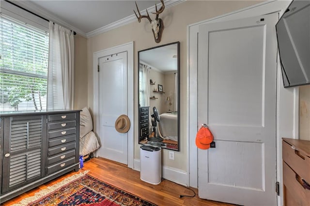 interior space featuring hardwood / wood-style flooring and crown molding