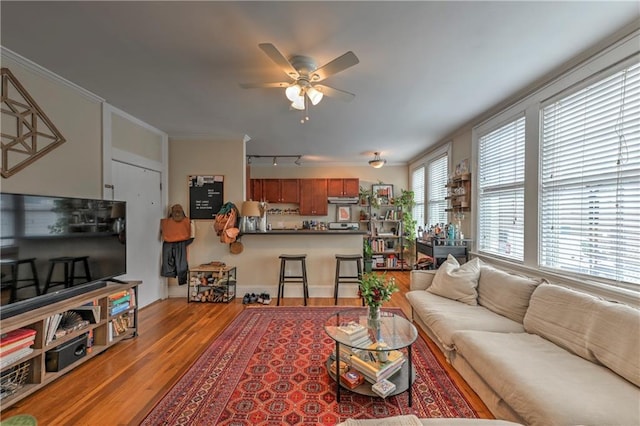 living room featuring ceiling fan, crown molding, and hardwood / wood-style floors