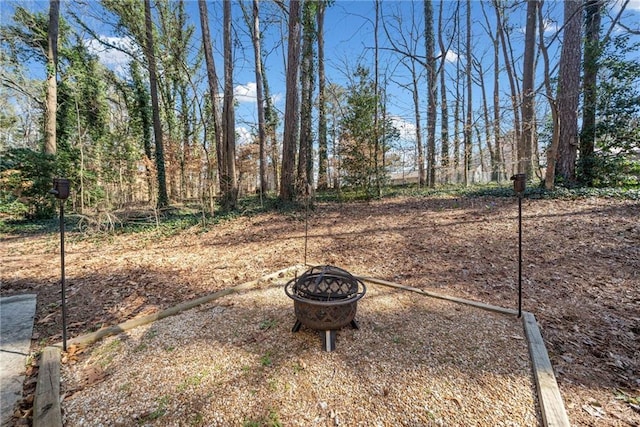 view of yard with a fire pit