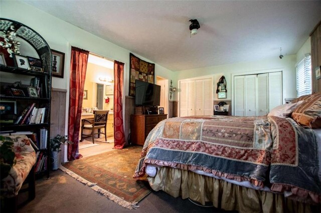 carpeted bedroom with two closets