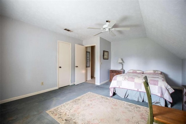 carpeted bedroom featuring ceiling fan and lofted ceiling