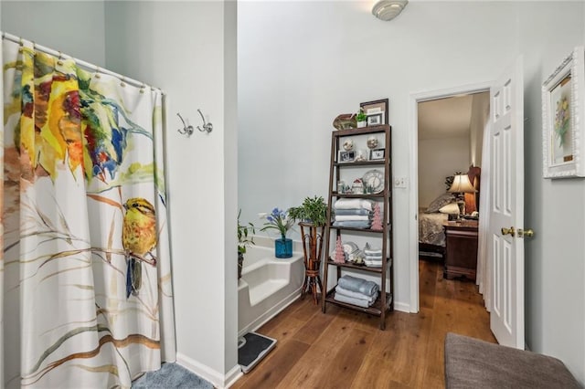 bathroom featuring hardwood / wood-style flooring and a washtub