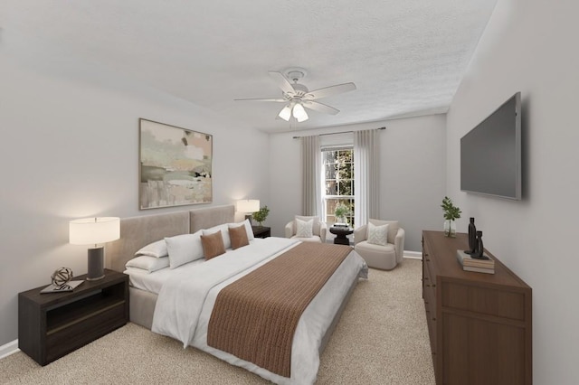 bedroom with baseboards, a ceiling fan, and light carpet