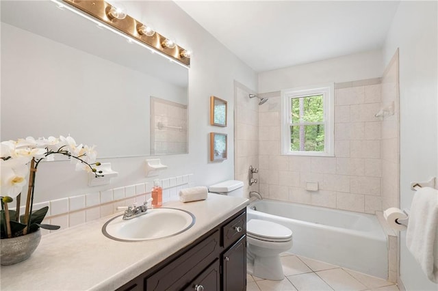 3131 Garden Lane Dr, Marietta, GA 30062 - bathroom with vanity, toilet, tile patterned floors, shower / tub combination, and decorative backsplash