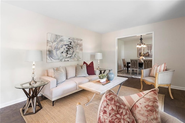 3131 Garden Lane Dr, Marietta, GA 30062 - living room featuring baseboards, a chandelier, and wood finished floors