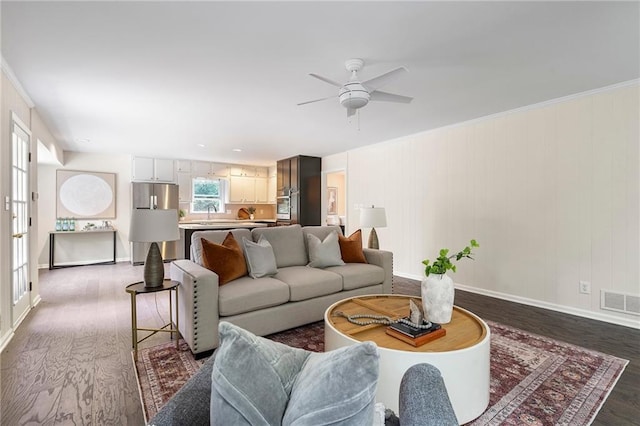 3131 Garden Lane Dr, Marietta, GA 30062 - living room with baseboards, a ceiling fan, and dark wood finished floors