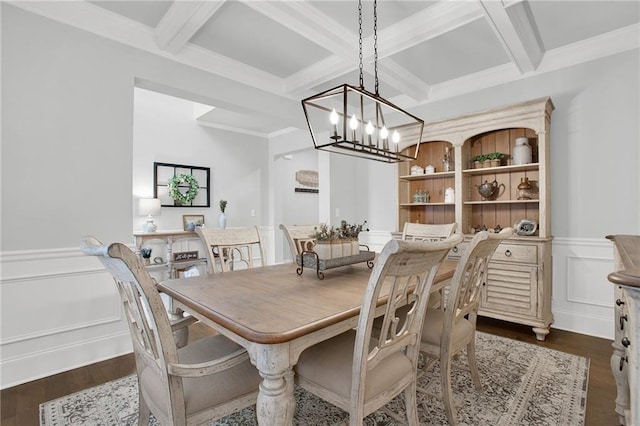 dining area with beam ceiling, dark hardwood / wood-style floors, and coffered ceiling