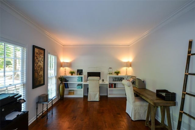 home office featuring hardwood / wood-style floors, crown molding, and healthy amount of natural light