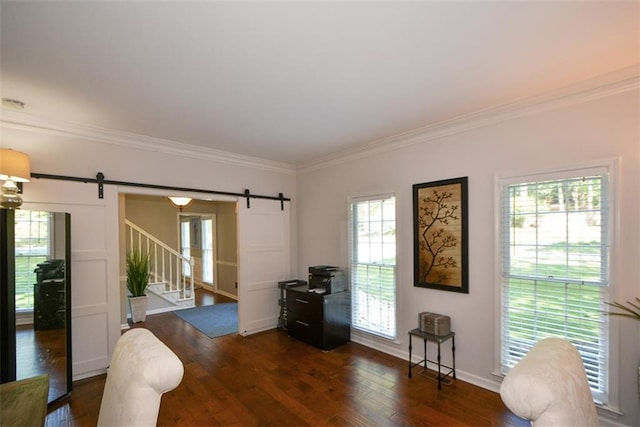 interior space featuring a barn door, crown molding, dark wood-type flooring, stairway, and baseboards