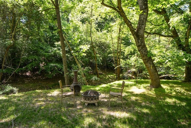 view of yard with a fire pit and a wooded view