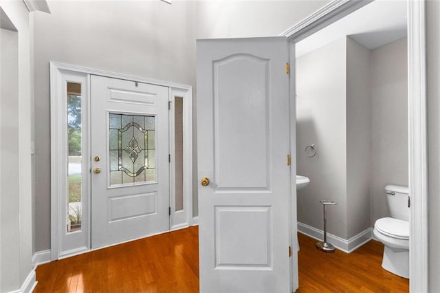 entryway with baseboards and wood finished floors