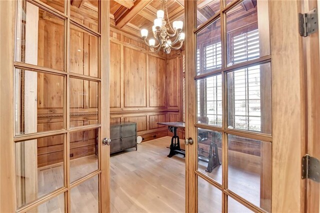 4505 Whitestone Way, Suwanee, GA 30024 - interior space with wooden ceiling, an inviting chandelier, beam ceiling, wood walls, and coffered ceiling
