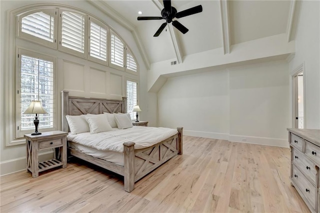4505 Whitestone Way, Suwanee, GA 30024 - bedroom with high vaulted ceiling, light wood-type flooring, a ceiling fan, visible vents, and baseboards