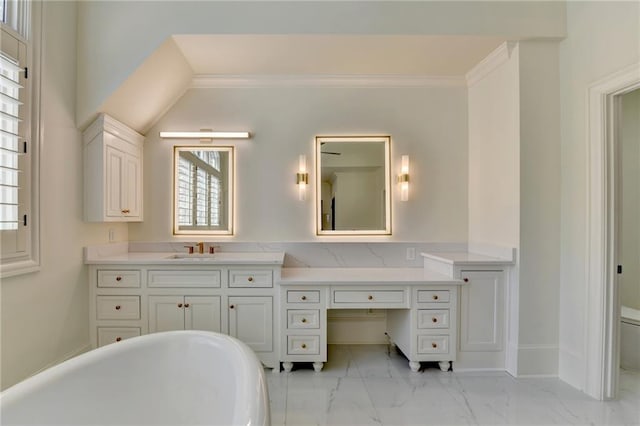 4505 Whitestone Way, Suwanee, GA 30024 - bathroom featuring crown molding, a freestanding tub, marble finish floor, and vanity