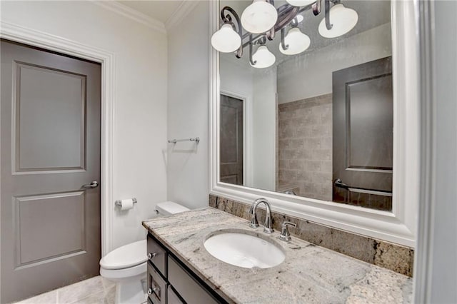 4505 Whitestone Way, Suwanee, GA 30024 - bathroom with vanity, a chandelier, tile patterned floors, crown molding, and toilet