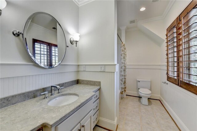 4505 Whitestone Way, Suwanee, GA 30024 - full bath featuring tile patterned floors, ornamental molding, visible vents, and wainscoting
