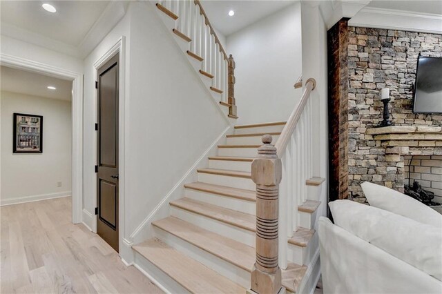 4505 Whitestone Way, Suwanee, GA 30024 - staircase with recessed lighting, baseboards, crown molding, and wood finished floors