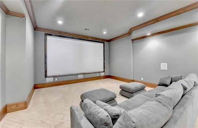 4505 Whitestone Way, Suwanee, GA 30024 - home theater featuring baseboards, recessed lighting, carpet flooring, crown molding, and visible vents