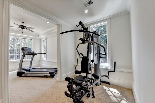 4505 Whitestone Way, Suwanee, GA 30024 - workout area featuring crown molding, ceiling fan, carpet, visible vents, and recessed lighting