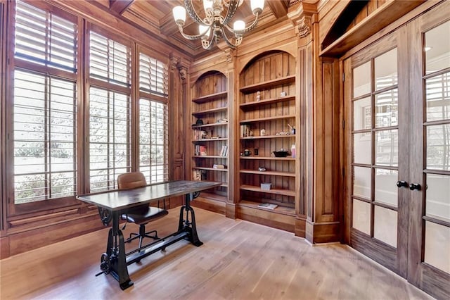 4505 Whitestone Way, Suwanee, GA 30024 - office area featuring wooden walls, french doors, built in shelves, and plenty of natural light