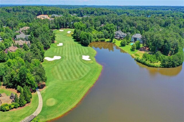 4505 Whitestone Way, Suwanee, GA 30024 - birds eye view of property featuring a water view, a view of trees, and golf course view