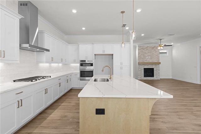 kitchen with stainless steel appliances, a ceiling fan, ornamental molding, a sink, and wall chimney range hood