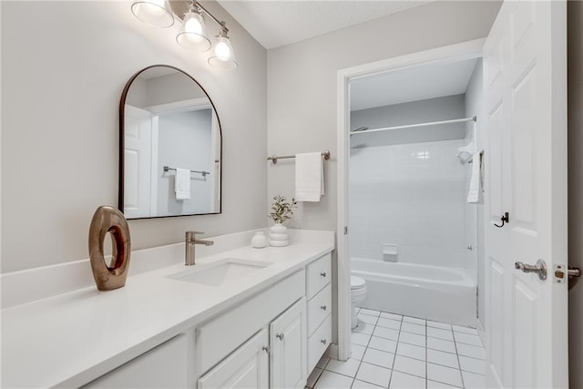 bathroom with vanity,  shower combination, tile patterned flooring, a textured ceiling, and toilet