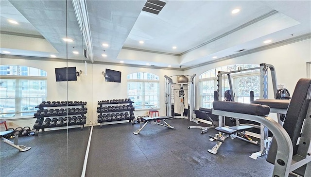 1074 Peachtree Walk NE Unit B 216, Atlanta, GA 30309 - workout area with a tray ceiling, recessed lighting, visible vents, and ornamental molding