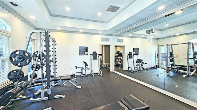 1074 Peachtree Walk NE Unit B 216, Atlanta, GA 30309 - gym with recessed lighting, a tray ceiling, visible vents, and crown molding