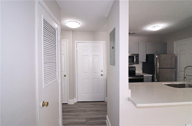 1074 Peachtree Walk NE Unit B 216, Atlanta, GA 30309 - kitchen featuring gray cabinetry, a sink, electric panel, a textured ceiling, and stainless steel appliances