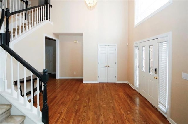 foyer with a towering ceiling and dark wood-type flooring