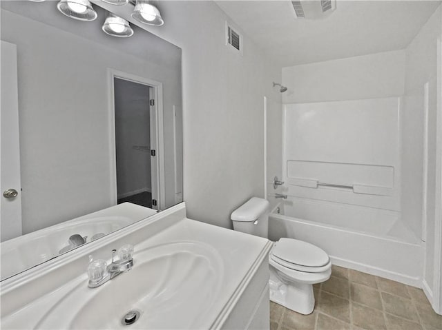 bathroom with  shower combination, visible vents, vanity, and toilet