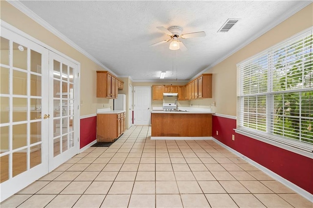 2881 Bridle Creek Dr SW, Conyers, GA 30094 - kitchen with french doors, light countertops, a ceiling fan, a peninsula, and under cabinet range hood