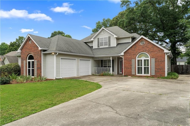 2881 Bridle Creek Dr SW, Conyers, GA 30094 - traditional-style house with brick siding, covered porch, an attached garage, concrete driveway, and a shingled roof