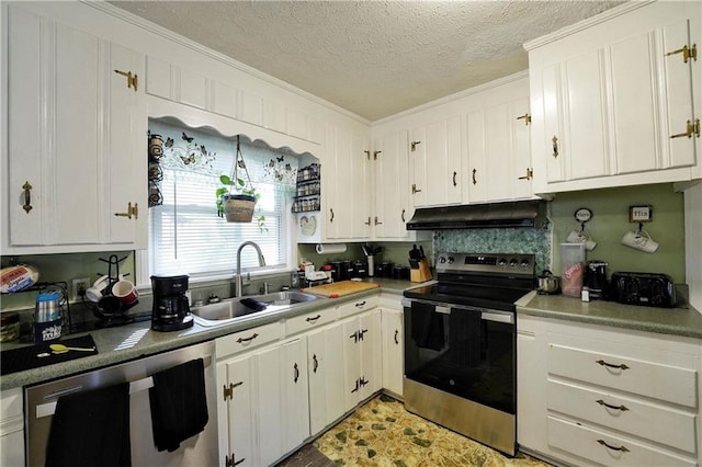 kitchen with ornamental molding, sink, a textured ceiling, white cabinetry, and stainless steel appliances