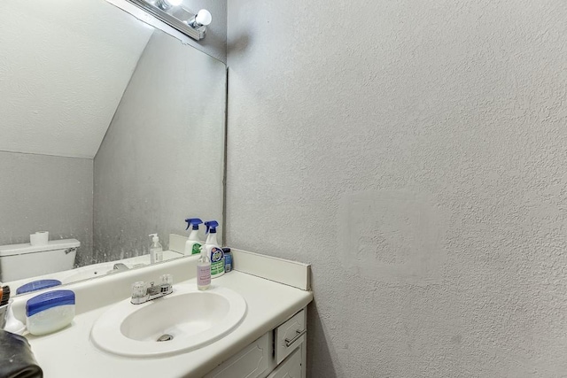 bathroom with vanity, lofted ceiling, and toilet