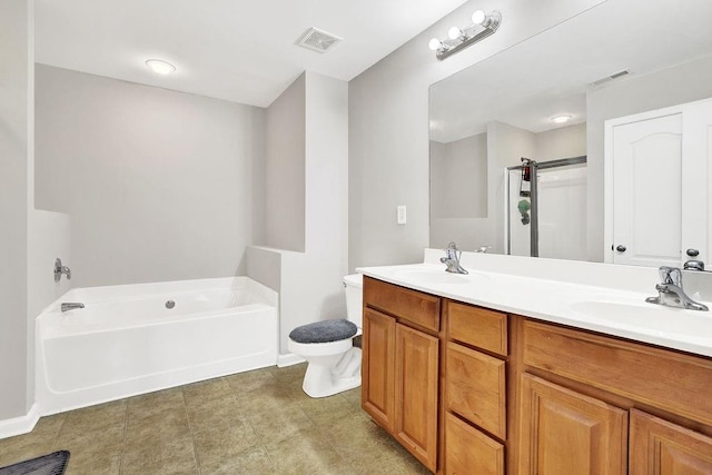 full bath with a garden tub, a stall shower, toilet, and double vanity