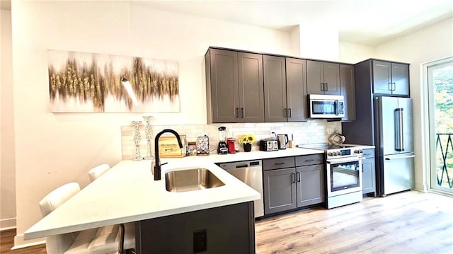 kitchen featuring appliances with stainless steel finishes, sink, decorative backsplash, and kitchen peninsula