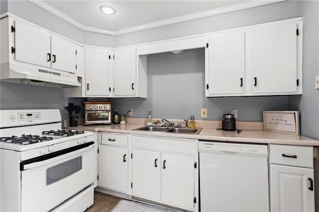 kitchen with under cabinet range hood, white appliances, white cabinetry, and a sink