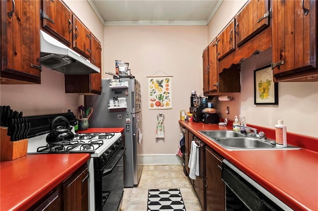 kitchen with ornamental molding, under cabinet range hood, a sink, range with gas stovetop, and black dishwasher