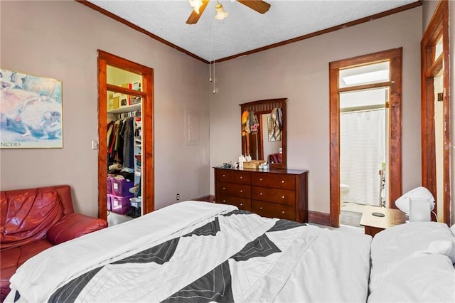 bedroom with a spacious closet, a textured ceiling, a closet, and ornamental molding