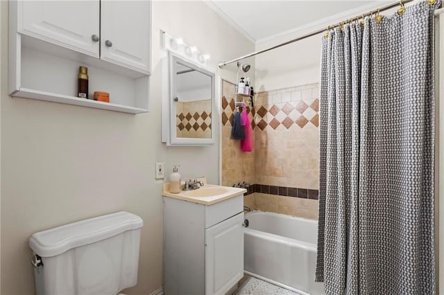 full bath with toilet, vanity, shower / bath combo, and ornamental molding