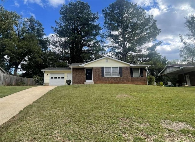 single story home with a front lawn and a garage