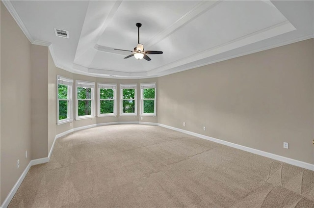 4910 Aldbury Ln, Suwanee, GA 30024 - carpeted empty room with ceiling fan, a tray ceiling, crown molding, and baseboards