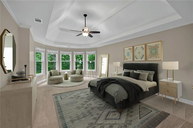 4910 Aldbury Ln, Suwanee, GA 30024 - bedroom with carpet flooring, a raised ceiling, ornamental molding, baseboards, and ceiling fan