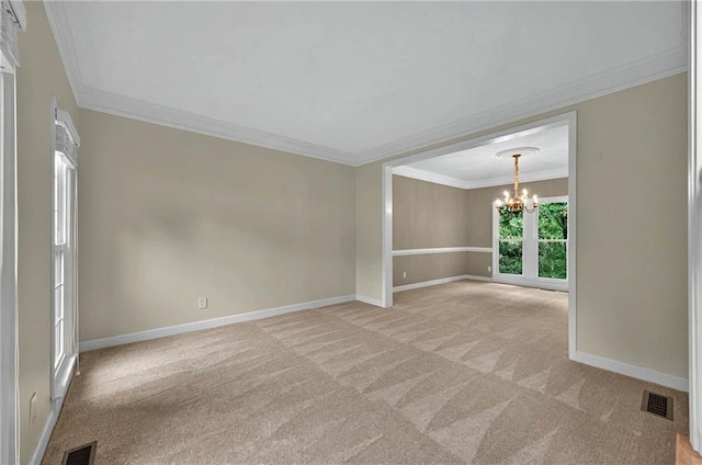 4910 Aldbury Ln, Suwanee, GA 30024 - unfurnished room with a chandelier, light colored carpet, baseboards, and crown molding