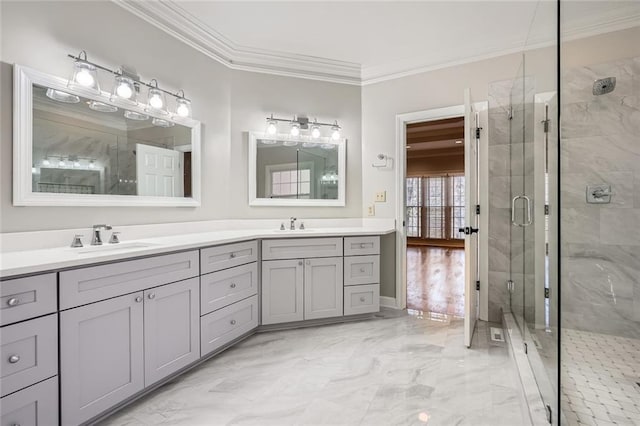 bathroom with ornamental molding, vanity, and walk in shower